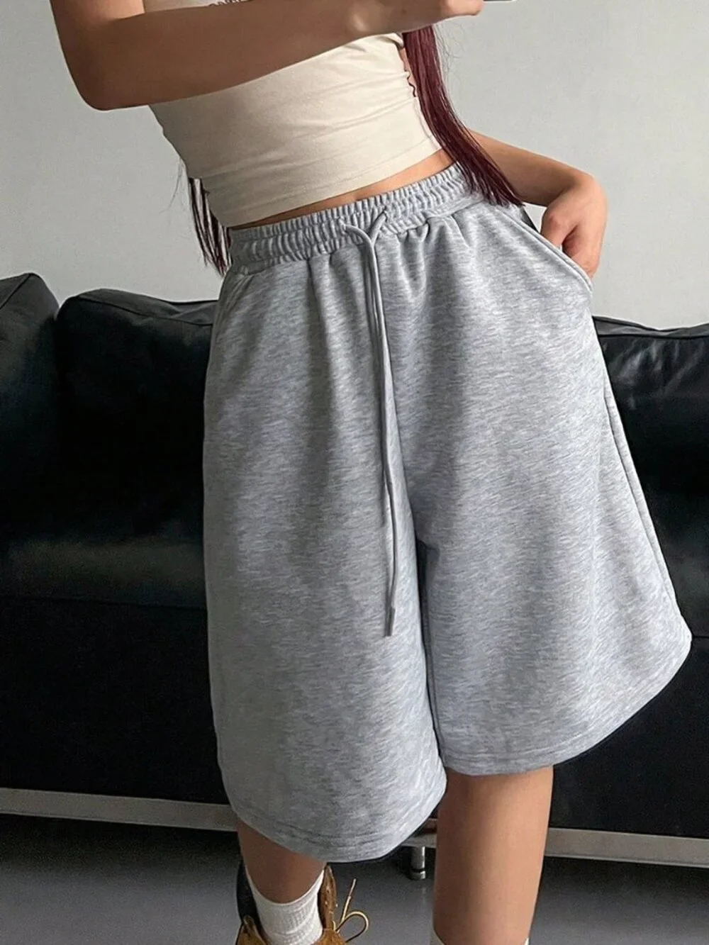 Light Grey Casual Women's Elasticated Drawstring Shorts